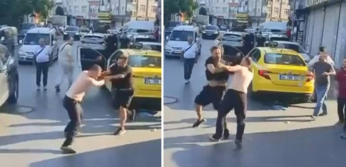 Telsiz Mahallesi'nde yaşanan kavga çevredekilerin müdahalesiyle son buldu Zeytinburnu'nda iki taksi şoförünün yumruklaştığı anlar